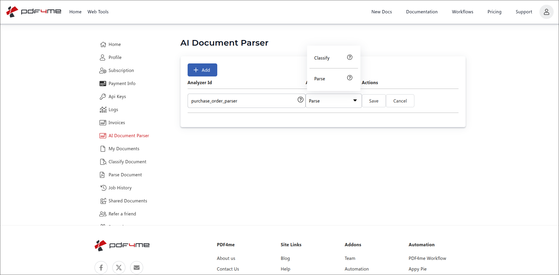 PDF4me AI 文档解析器新增行，分析器 ID 输入框已填充 purchase_order_parser，分析器类型下拉菜单显示“分类”和“解析”选项，默认选择“解析”，右侧有“保存”和“取消”按钮。